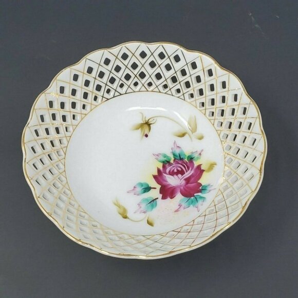 Occupied Japan Lattice Gold Trimmed Floral Bowl 5.75” Wide Hand Painted - Picture 3 of 7